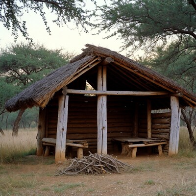 Traditional thatched hut with benches