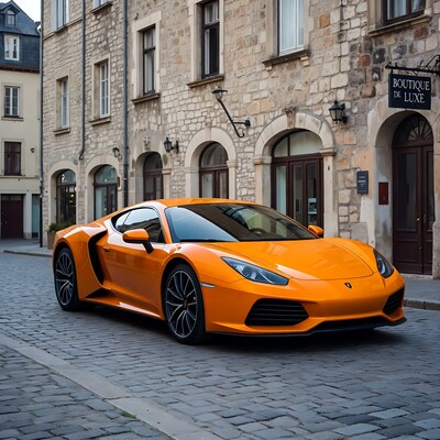 Orange Lamborghini parked on cobblestone street