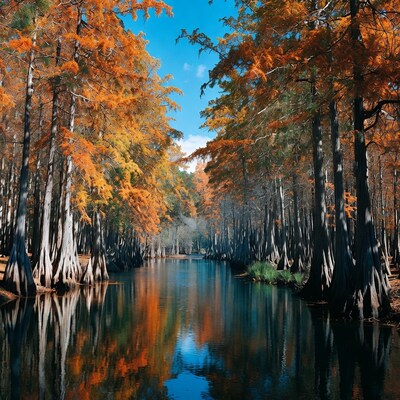 Autumn Bald Cypress Trees by River