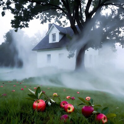 Foggy white house with red apples