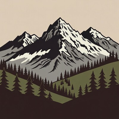 Snowy Mountains with Pine Forest Illustration