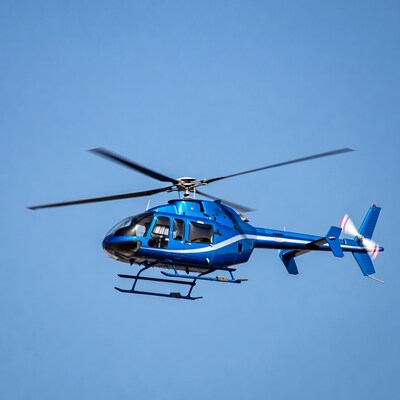 Blue helicopter flying in sky
