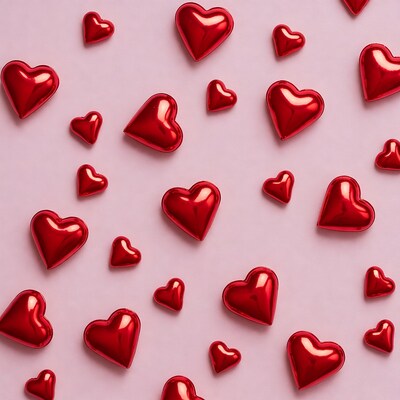 Shiny red hearts on pink background