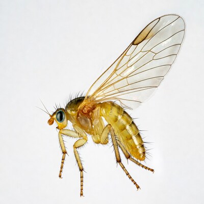 Yellow fungus gnat on white background