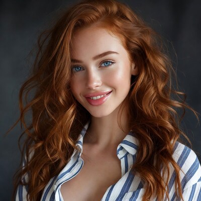 Redhead woman in striped shirt smiling