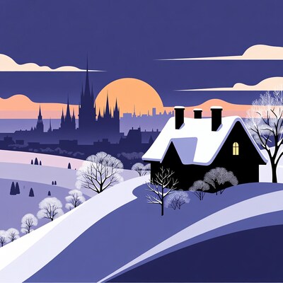Snowy Cottage with Gothic City Sunset