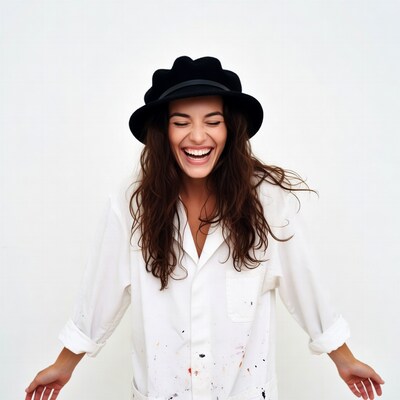 Woman laughing in black hat