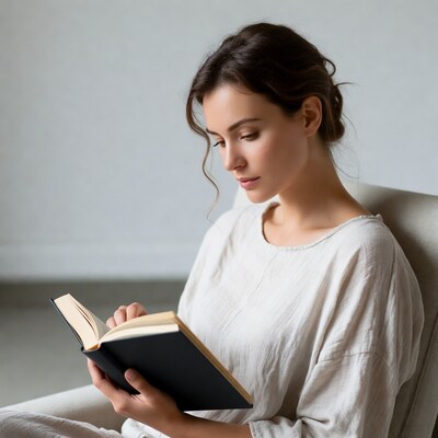 Woman reading book on chair
