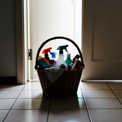 Cleaning supplies in wicker basket