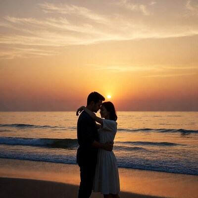 Silhouette couple embracing at sunset beach