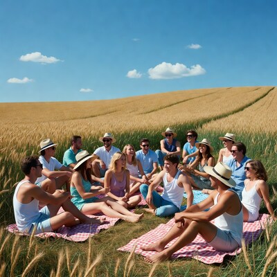 Group picnic in wheat field