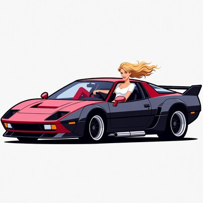 Blonde woman driving red sports car