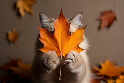 Persian Cat Holding Autumn Maple Leaf