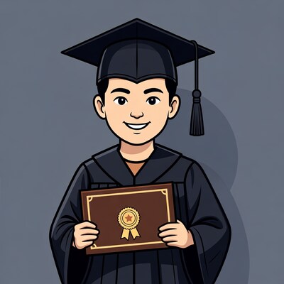 Asian boy in graduation gown holding diploma
