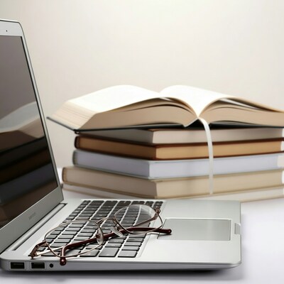 Laptop with books and glasses