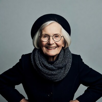 Elderly woman smiling with beret and scarf