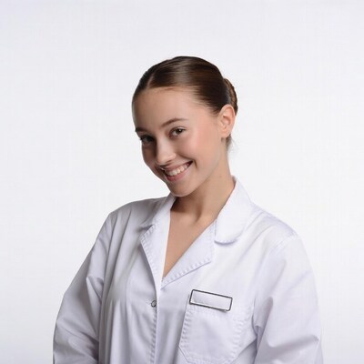 Young woman smiling in white lab coat
