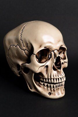 Human skull on black background
