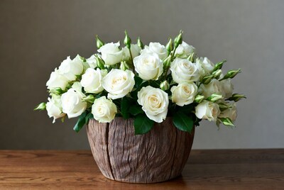 White roses in wooden bowl