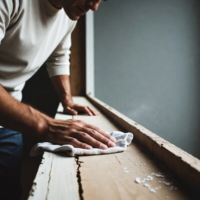 Man wiping wooden windowsill