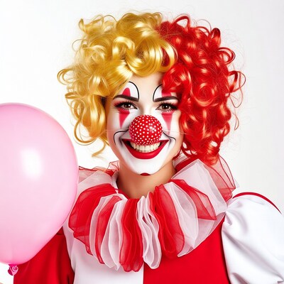 Clown woman holding pink balloon