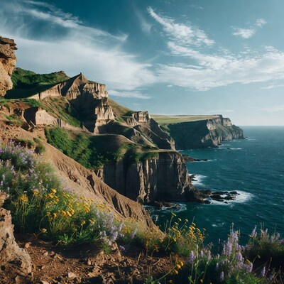 Cliff edges with flowers over ocean