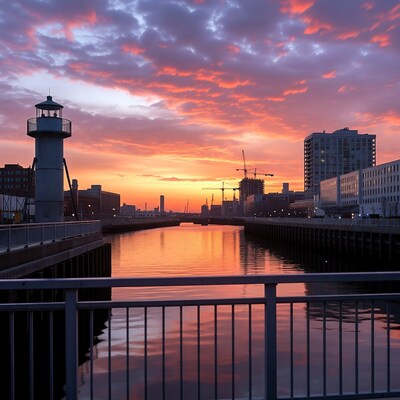Lighthouse at sunset over urban river