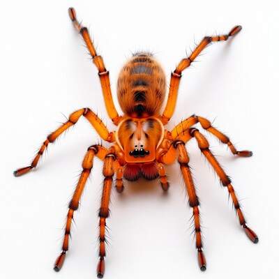 Orange hairy spider on white background