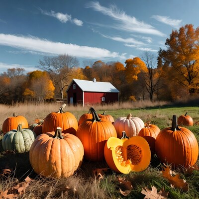 Pumpkins by red barn fall field