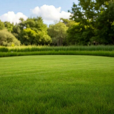 Lush green grass field with trees
