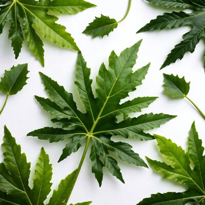 Green Schefflera Leaves on White Background