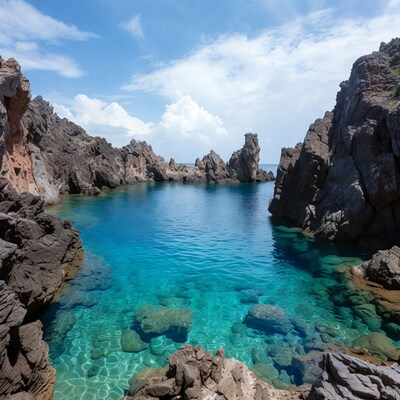 Turquoise lagoon surrounded by rugged rocks