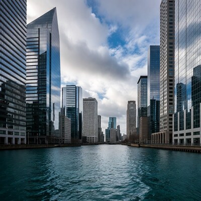 Chicago River skyscrapers cloudy sky