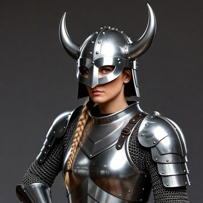 Woman in Viking horned helmet armor