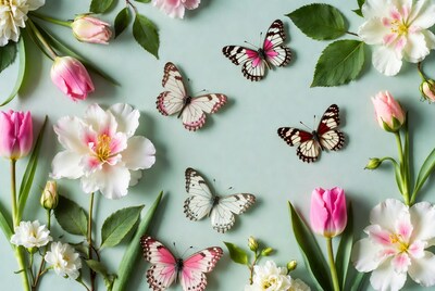 Pink tulips butterflies white flowers