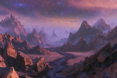 Purple Mountain Valley Under Starry Sky