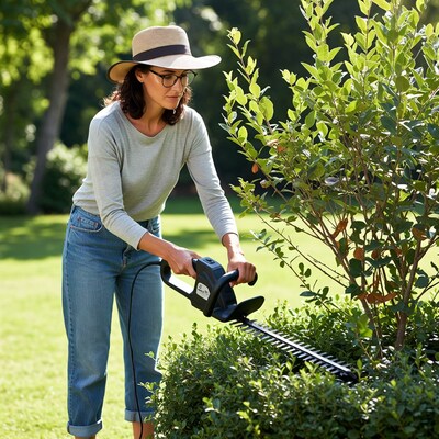 Woman trimming hedges with electric trimmer