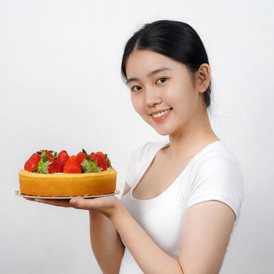 Asian woman holding strawberry cheesecake