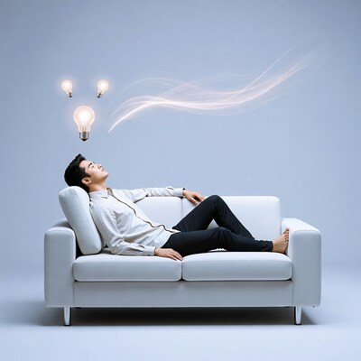 Asian man with lightbulb idea on sofa