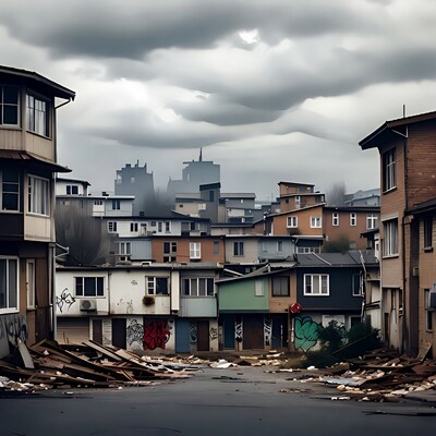 Graffiti-Covered Slum Under Stormy Skies