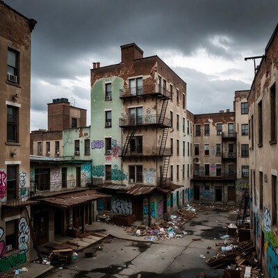 Abandoned Graffiti-Covered Urban Courtyard