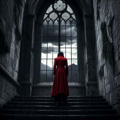 Woman in red coat at gothic window