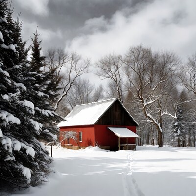 Red Barn in Snowy Woods