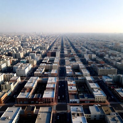 Aerial view of straight urban street