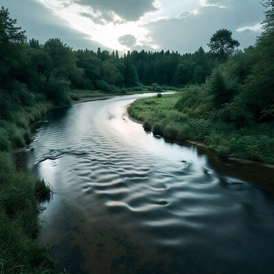 Forest River Flowing at Sunset