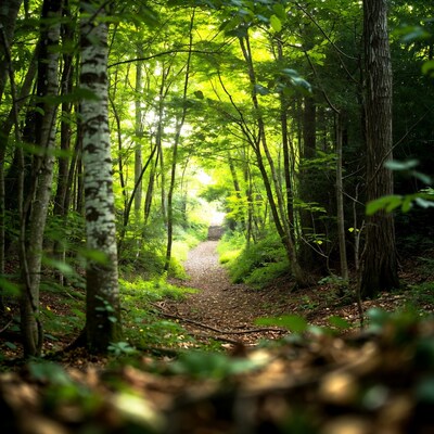 Forest path through green trees