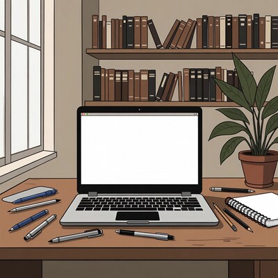 Cozy home office desk with laptop
