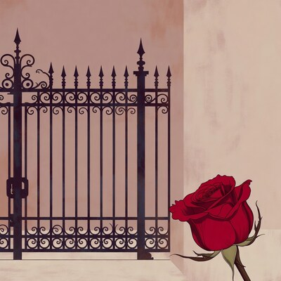 Red Rose Beside Ornate Iron Gate