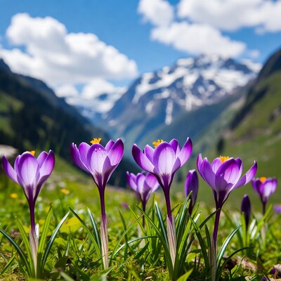 Purple crocuses in mountain meadow