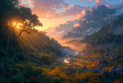 Sunset over Misty Mountains and Valley